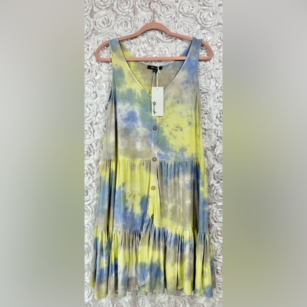 NWT Yana k American Made Sicily Dress Blue Yellow Tie Dye One Size Stretch Boho